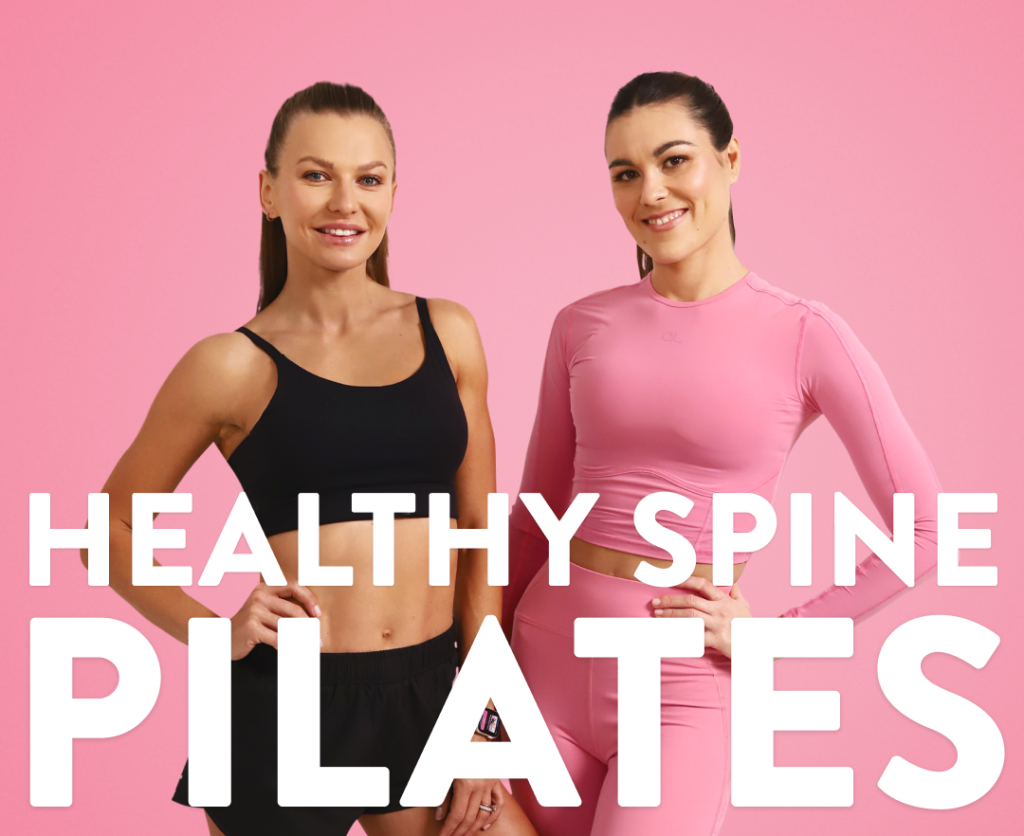 Healthy Spine Pilates banner with two women in sportswear on a pink background