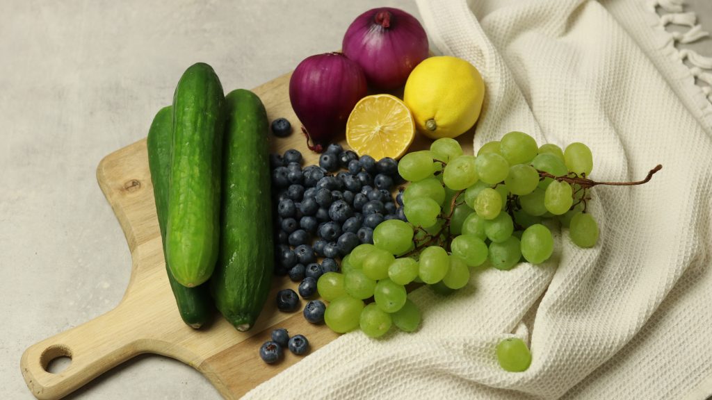 Fruit, vegetables and wholegrain products arranged on a table