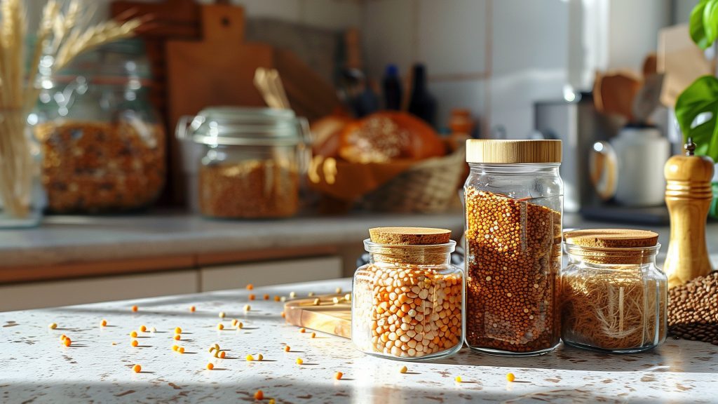 Glass jars of grains and legumes on a kitchen counter, with wheat ears in the background
